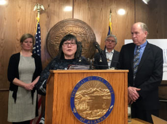 State officials discuss legislation aimed at curbing opioid abuse with reporters in the state Capitol on March 6, 2017.
