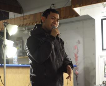 Ryan Carrillo performs as Veinglorious at Kindred Post's Tiny Post Office Concert in November 2014. (Photo by Annie Bartholomew/KTOO)
