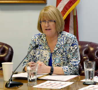 Sen. Anna MacKinnon, R-Eagle River, speaks during a Senate Majority Press Availability on April 3, 2017.