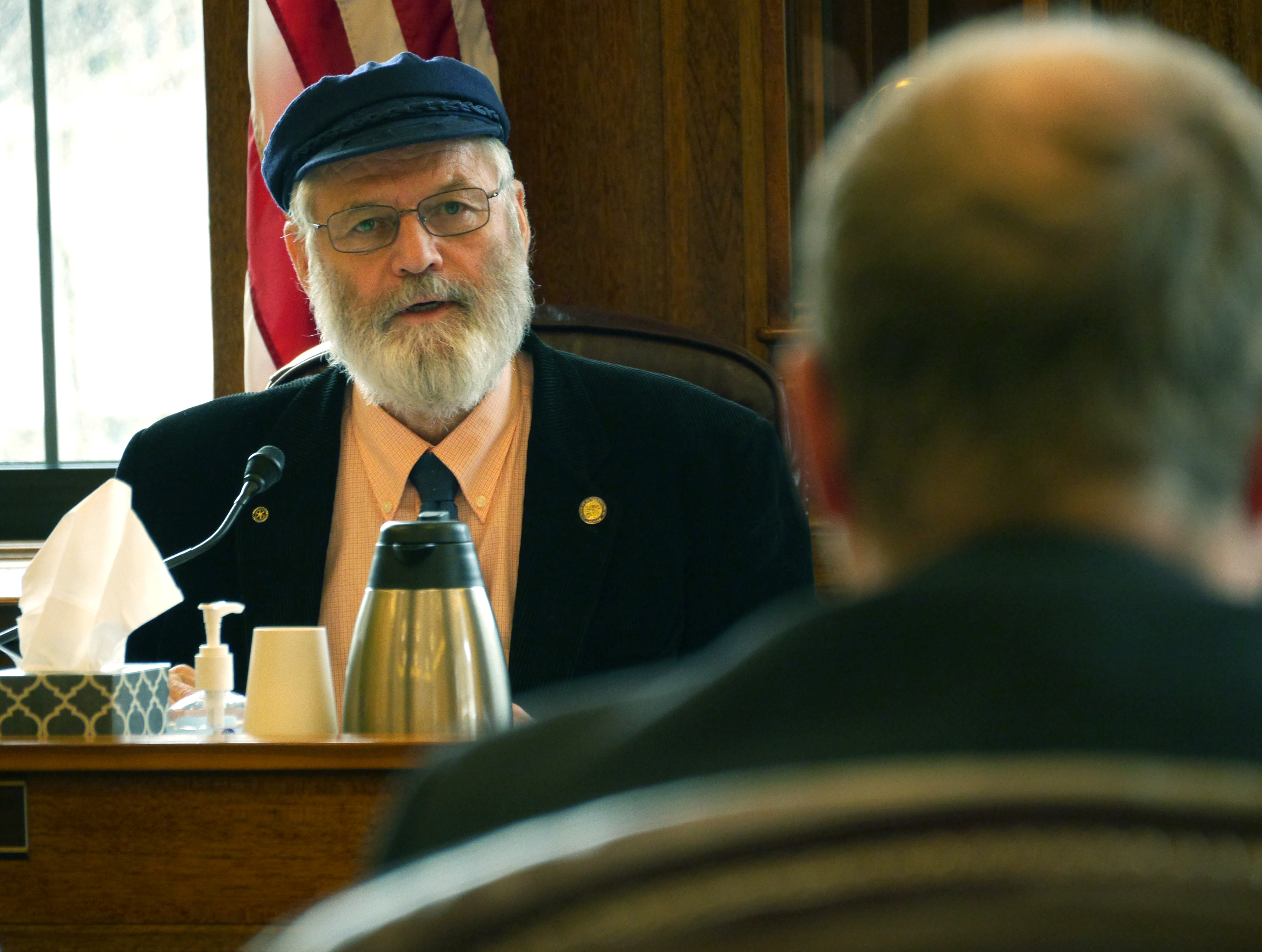 Co-chair of House Finance Rep. Paul Seaton, R-Homer, questions Rep. Matt Clamon, D-Anchorage, about HB 146, Claman's Education Tax bill, on April 4, 2017. (Photo by Skip Gray/360 North)