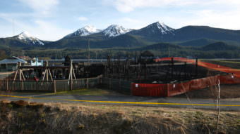 The day after scene at the Twin Lakes fire on Monday, April 24, 2017, at the playground near Twin Lakes. (Photo by Kelli Burkinshaw/KTOO)