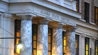 The main entrance of the Alaska State Capitol at dusk on Jan. 23, 2017.