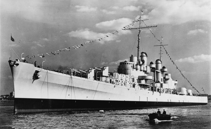 The USS Juneau afloat just after being launched at the Federal Shipbuilding Company yard in Kearny, New Jersey, on Oct. 25, 1941.