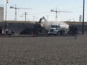 Workers at Hanford began filling a collapsed section of a rail car tunnel near the PUREX Plant on Wednesday morning. (Photo courtesy U.S. Department of Energy)
