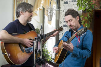 Jefferson Hamer and Eamon O'Leary of The Murphy Beds perform a Red Carpet Concert during the 2017 Alaska Folk Festival at the Alaskan Hotel. (Photo by Annie Bartholomew/KTOO)