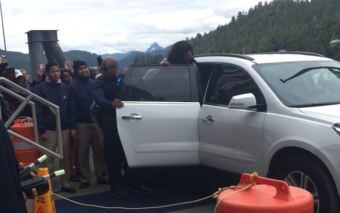 Oprah Winfrey disembarks the Eurodam in Sitka on Wednesday, July 19, 2017. She flew out on her private jet shortly after. (Photo by KCAW)