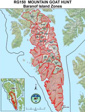 Map of the new mountain goat hunting zones on Baranof Island.