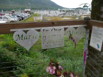 A memorial for Marie Giesbrecht and Molly Parks near the crash site by South Harbor.