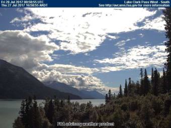 Conditions Thursday afternoon from a Federal Aviation Administration webcam looking south from Lake Clark Pass, towards the vicinity of where Miller Creek drains into Lake Clark. (Photo courtesy Federal Aviation Administration)