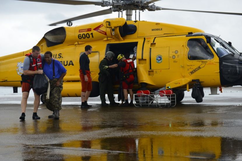 Coast Guard Air Station Houston responds to search and rescue requests after Hurricane Harvey in Houston, Texas, Aug. 27, 2017. The Coast Guard is working closely with all local and state emergency operation centers and has established incident command posts to manage Coast Guard storm operations. (USCG photo by Petty Officer 3rd Class Johanna Strickland)