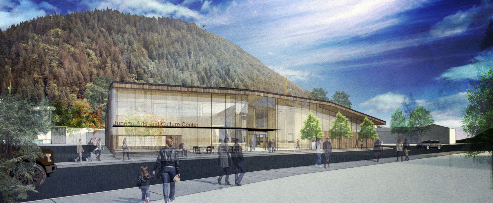 This design rendering shows how the new Juneau Arts and Culture Center may appear from the Andrew P. Kashevaroff Building.