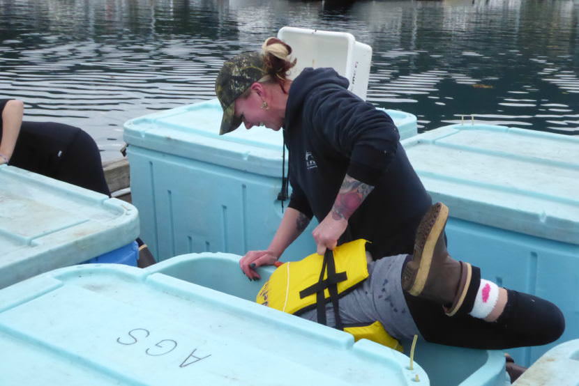 Kami Bartness, left, holds a young girl by straps on the back of her life vest while she dives for Coho stored in a large fish tote on Float C in Don Statter Harbor