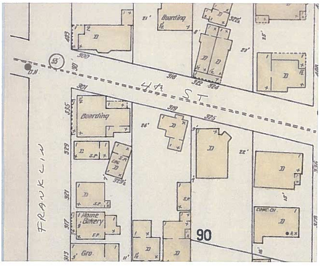 1914 Sanborn fire map shows houses on Fourth Street between Franklin and Gold.