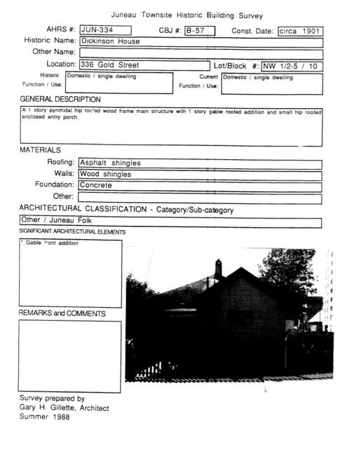Excerpt of Juneau Townsite Historic Building Survey produced in 1988 lists the Dickinson House at Fourth and Gold streets. William Dickinson lived in a house adjacent to a house occupied by murder victim Charles Damer.