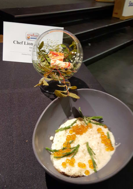 Juneau chef Lionel Uddipa's winning dish at the Great American Seafood Cook-Off: Alaska King Crab from Bristol Bay skewered with blueberry branches from Eaglecrest and a risotto made from black cod fish sauce. (Photo Courtesy of the Alaska Seafood Marketing Institute)
