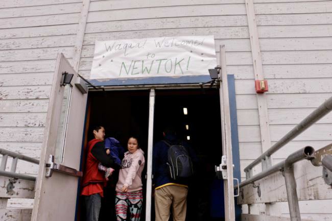 Newtok welcomes guests before their trip over to the new village site, Mertarvik. (Photo by Christine Trudeau/KYUK)