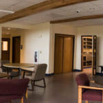 Tables and chairs in the common room