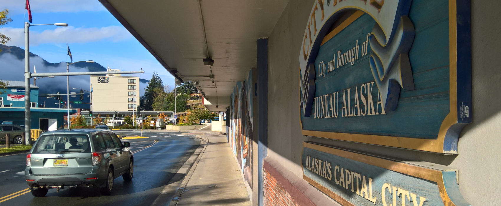 Traffic moves down Marine Way past Juneau City Hall on Sept. 25, 2017. (Photo by Jeremy Hsieh/KTOO)
