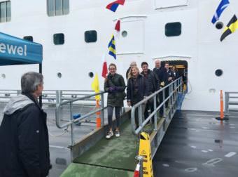 The Borda family disembarks from the Norwegian Jewel on Monday, Sept. 25th. Candy Borda is Ketchikan’s 1 millionth cruise visitor for 2017. (Photo by Leila Kheiry/KRBD )