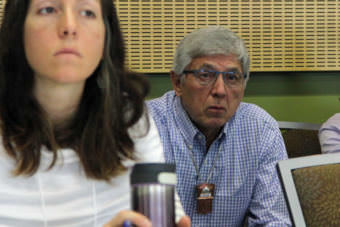Lt. Gov. Byron Mallott listened to participants in the Walker administration's climate change round table in Anchorage, Oct. 4, 2017. (Photo by Rachel Waldholz/Alaska's Energy Desk)