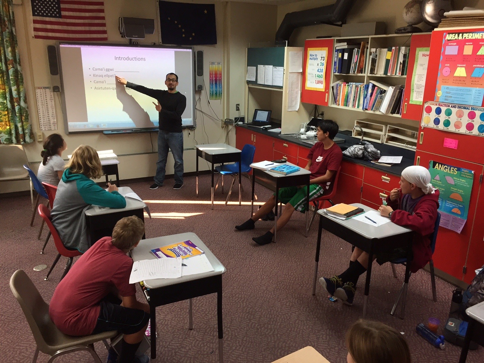 Brandon Moonin teaches students Alutiiq in village of Tatitlek. (Photo courtesy of Brandon Moonin)