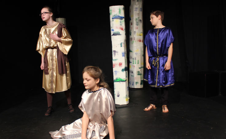 Nina Rautiainen, who plays Egeus, Layla Webster, who plays Hermia, and Matisse Geselle, who plays Lysander, perform in the Perseverance Theatre Young Company's performance of "A Midsummer Night's Dream" Sunday, Oct. 8, 2017. (Photo by Adelyn Baxter/KTOO)