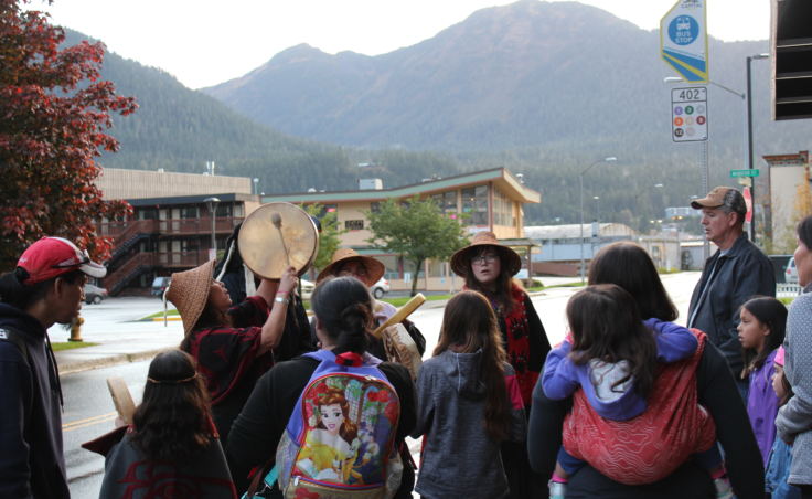 Performers warm up outside Elizabeth Peratrovich Hall before the Indigenous Peoples Day celebration on Oct. 9, 2017. (Photo by Adelyn Baxter/KTOO)