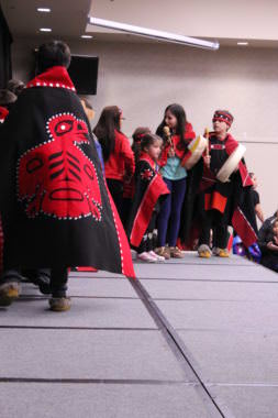 Members of the All Nations Children Dancers perform at the Indigenous Peoples Day celebration at Elizabeth Peratrovich Hall on Oct. 9, 2017. (Photo by Adelyn Baxter/KTOO)