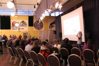 Brenda Taylor addresses teachers and would-be collaborators at SouthEast Exchange STEM networking event. (Photo by Adelyn Baxter/KTOO)