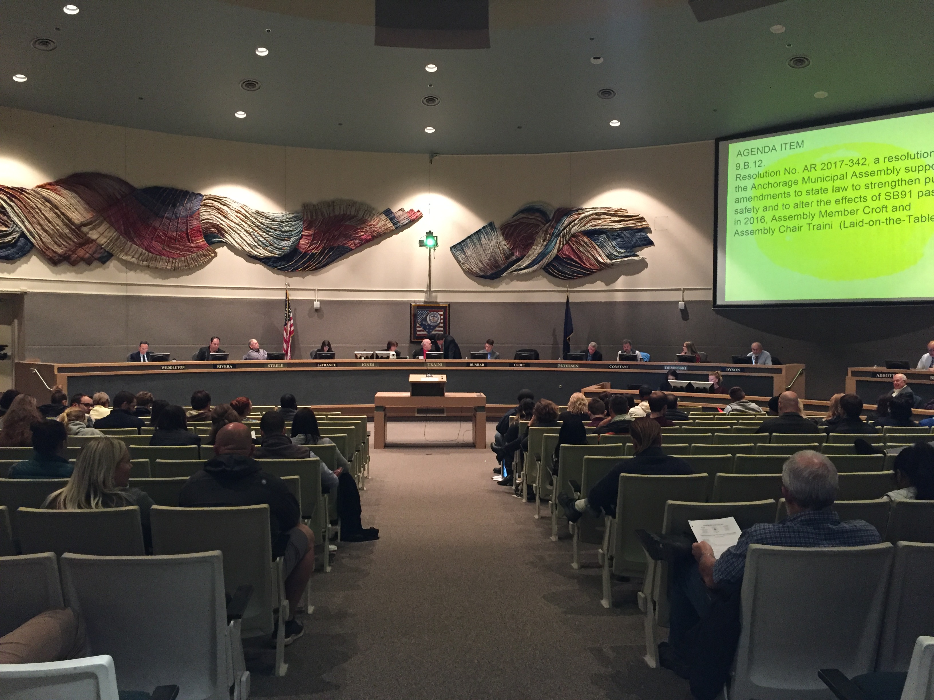 Anchorage Assembly members debate a resolution on SB91, October 10, 2017 (Photo by Zachariah Hughes/Alaska Public Media)