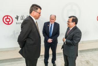 Alaska's Gasline Development Corporation President Keith Meyer, Alaska Gov. Bill Walker and Bank of China Executive Vice President Yingxin Gao, talk during a visit to Beijing where Alaska and China inked a deal to explore building a liquified natural gas pipeline. (Photo courtesy Alaska Governor's Office)