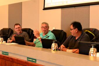 A group of Unalaskans is trying to recall Mayor Frank Kelty, center. To force a recall election, they must collect 168 signatures by Dec. 22. That number represents 25 percent of votes cast in the last regular mayoral election. (Photo by Berett Wilber/KUCB)