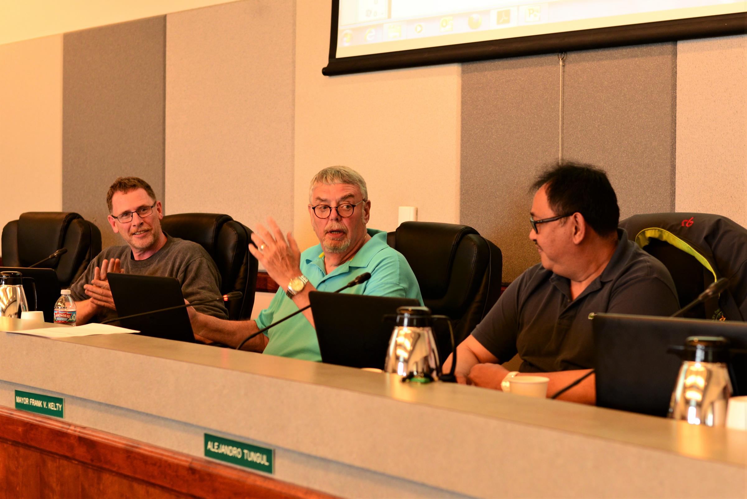 A group of Unalaskans is trying to recall Mayor Frank Kelty, center. To force a recall election, they must collect 168 signatures by Dec. 22. That number represents 25 percent of votes cast in the last regular mayoral election. (Photo by Berett Wilber/KUCB)