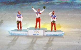 Russian athletes Alexander Legkov and Maxim Vylegzhanin, who won gold and silver, respectively, in the men’s 50 km mass start during the 2014 Winter Olympics in Sochi were both found guilty of doping and stripped of their medals. (Photo courtesy the Office of the Russian President.)