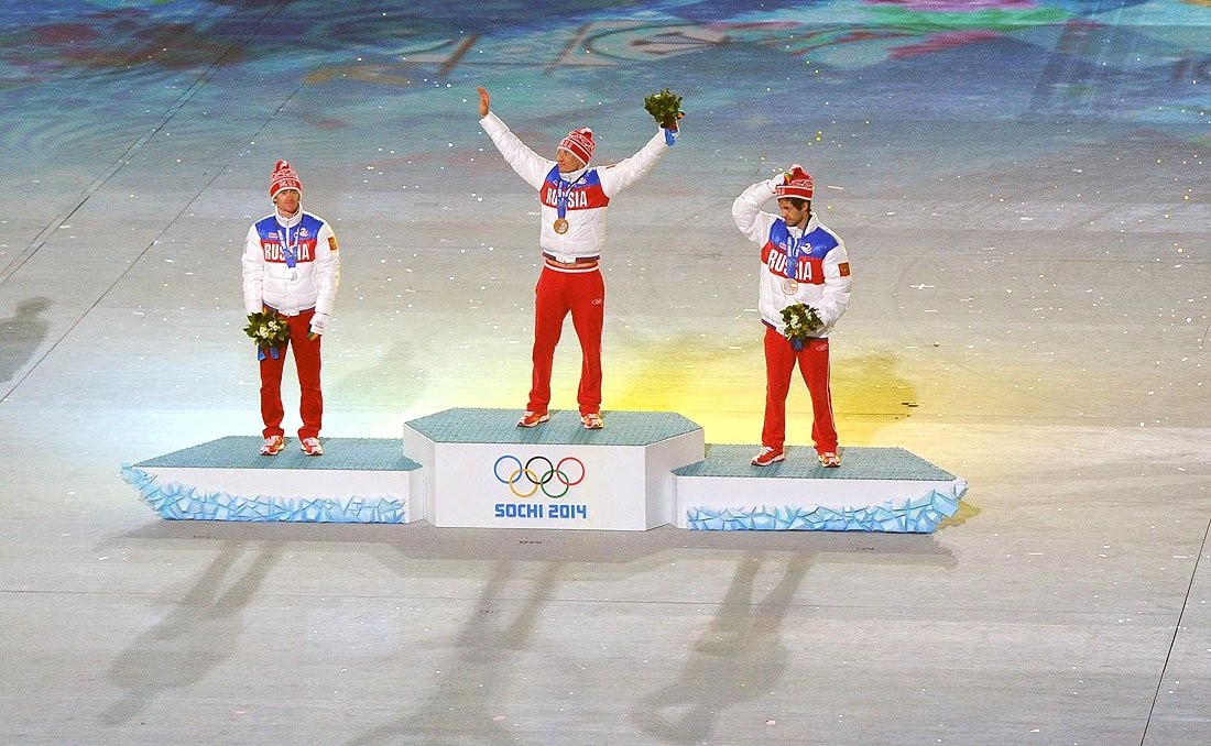 Russian athletes Alexander Legkov and Maxim Vylegzhanin, who won gold and silver, respectively, in the men’s 50 km mass start during the 2014 Winter Olympics in Sochi were both found guilty of doping and stripped of their medals. (Photo courtesy the Office of the Russian President.)