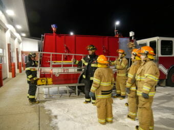 Petersburg Volunteer Fire Department volunteers Rchard Burke and Alan Malone train five local teens November 20, 2017, in use of ladders at Petersburg’s fire hall. (Photo by Joe Viechnicki/KFSK)