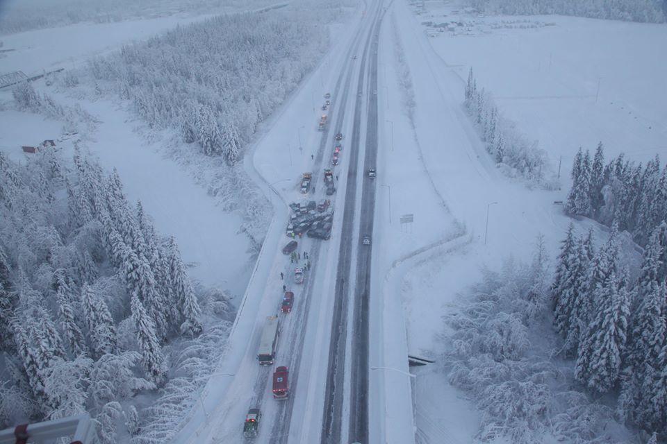 Most of the 23 wrecked vehicles were clustered near the Noyes Slough, toward the west end of the Johansen Expresseway. (Photo courtesy Alaska State Troopers)