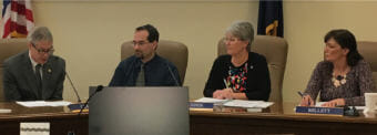 Rep. Matt Claman (D-Anchorage), left, talks during a meeting of the Legislative Council subcommittee on sexual and other workplace harassment, Jan. 25, 2018. Legislature human resources manager Skiff Lobaugh, Sen. Anna MacKinnon (R-Eagle River) and Rep. Charisse Millett (R-Anchorage) listen. (Photo by Andrew Kitchenman/KTOO)