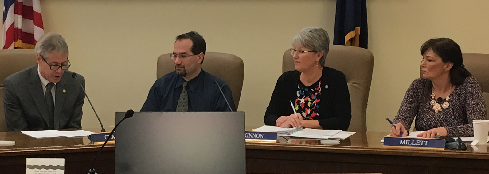 Rep. Matt Claman (D-Anchorage), left, talks during a meeting of the Legislative Council subcommittee on sexual and other workplace harassment, Jan. 25, 2018. Legislature human resources manager Skiff Lobaugh, Sen. Anna MacKinnon (R-Eagle River) and Rep. Charisse Millett (R-Anchorage) listen. (Photo by Andrew Kitchenman/KTOO)