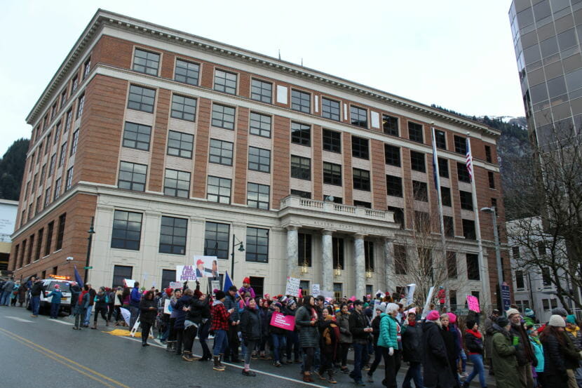 Women's March participants march down Main Street in downtown Juneau on Jan. 20, 2018. (Photo by Adelyn Baxter/KTOO)