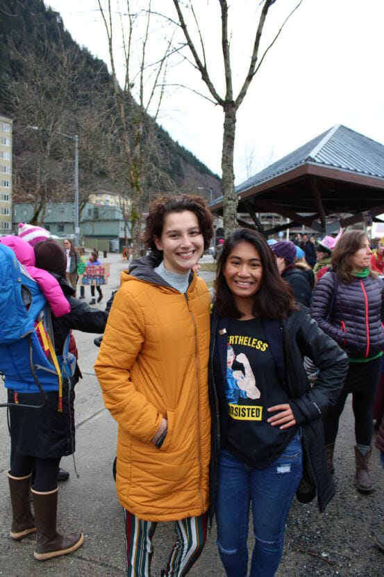 Skye Van Valin and Tasha Elizarde pose as they complete their march from the Alaska State Capitol to Marine Park on Jan. 20, 2018. (Photo by Adelyn Baxter/KTOO)
