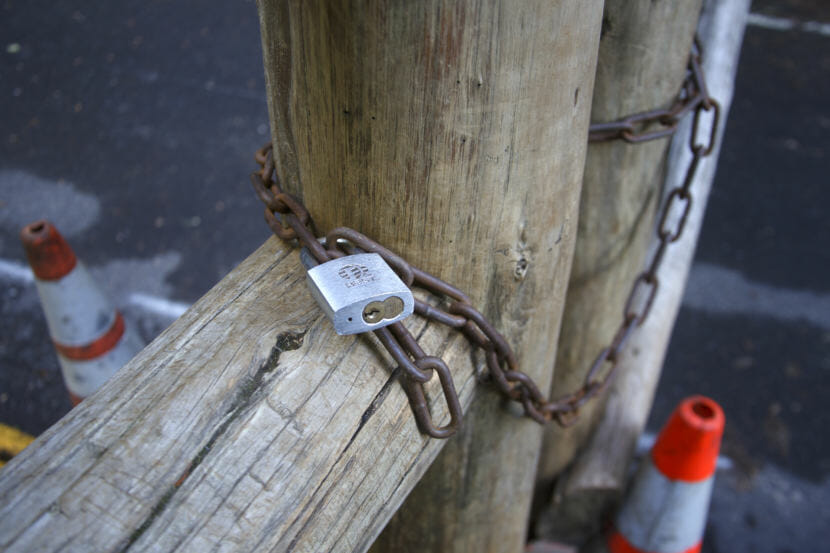 Mount Rainier's Nisqually Entrance gates are locked during the federal government shutdown in October 2013. This time, the Interior Department says if the government shuts down, most open land will remain accessible.