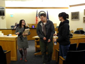 Assistant District Attorney Bailey Woolfstead, left, walks past Cecil Trent Yeisley and his aunt Monday, Jan. 8, 2018, after Yeisley's sentencing before Judge Philip M. Pallenberg in Juneau Superior Court. Yeisley was sentenced to probation as part of a plea agreement.