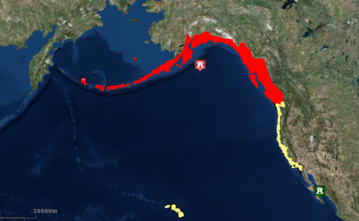 In this screenshot of the U.S. Tsunami Warning System website, the entire coast of the Gulf of Alaska from the Aleutians to Washington state is under tsunami warning at 1:52 a.m. on Tuesday, Jan. 23, 2018.