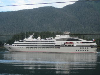The cruise ship Le Soléal heads south in the Wrangell Narrows near Petersburg in June 2016. (Photo by Joe Viechnicki/KFSK)