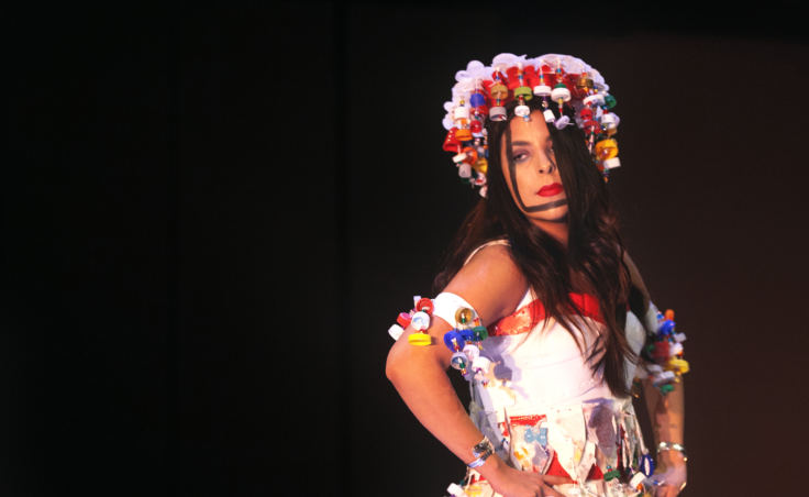 Hunter Meachum models Freda Westman's "Plastic Protest" in the Wearable Art 2018 show on Saturday, Feb. 17, 2018, at Centennial Hall in Juneau. (Photo by Tripp J Crouse/KTOO)