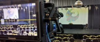 A television camera is on standby at the Juneau Arts and Culture Center ahead of the evening's annual Governor's Arts and Humanities Awards gala on Feb. 8, 2018. 360 North is broadcasting the event.