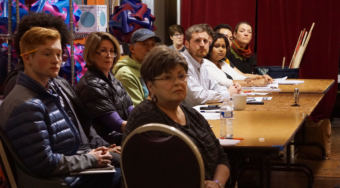 The Juneau Arts and Humanities Council board listens to public testimony at its monthly meeting on Feb. 21, 2018, at the Juneau Arts and Culture Center. About 100 people turned out to listen and weigh in on the council's handling of a geisha-themed entry at the weekend's Wearable Art show.