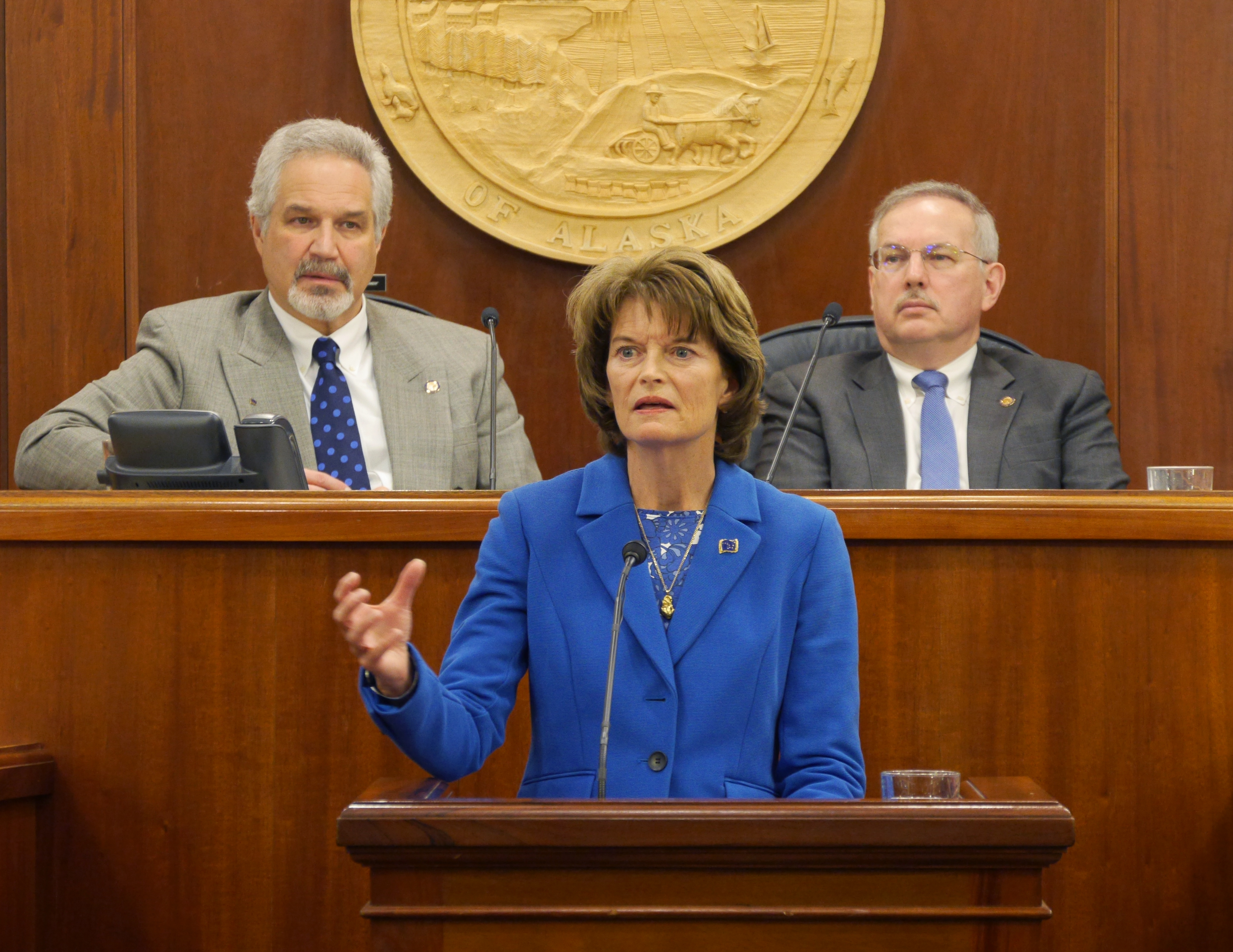 U.S. Sen. Lisa Murkowski, R-Alaska, speaks to a joint session of the Alaska Legislature on Feb. 22, 2018. Behind her are Senate President Pete Kelly, left, and House Speaker Bryce Edgmon. (Photo by Skip Gray/360 North)