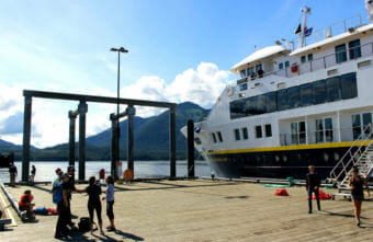 The National Geographic ship Quest tied up to Petersburg’s drive down dock in 2017. (Photo by Nora Saks/KFSK)